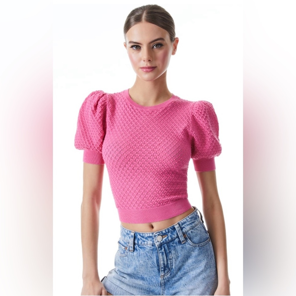ALICE + OLIVIA Risa Puff Sleeve Pointelle Pullover Short Sleeve Lace Top Sz L